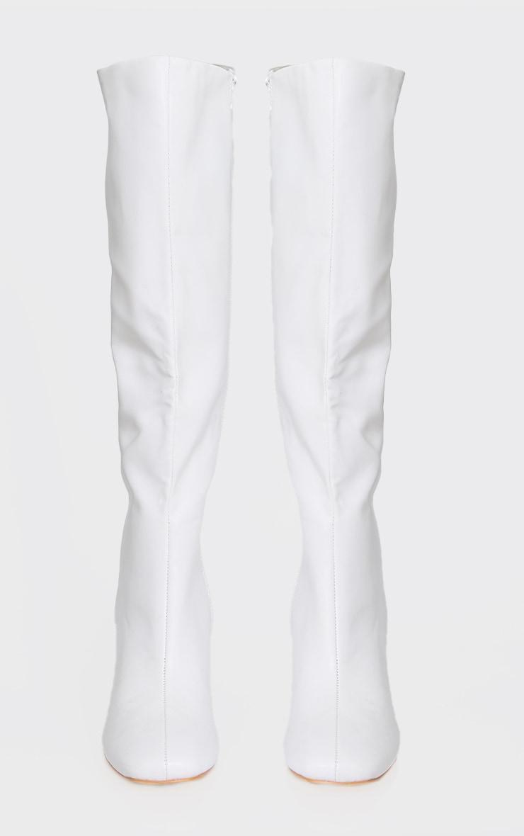 White Round Block Heel Knee High Boots Product Image