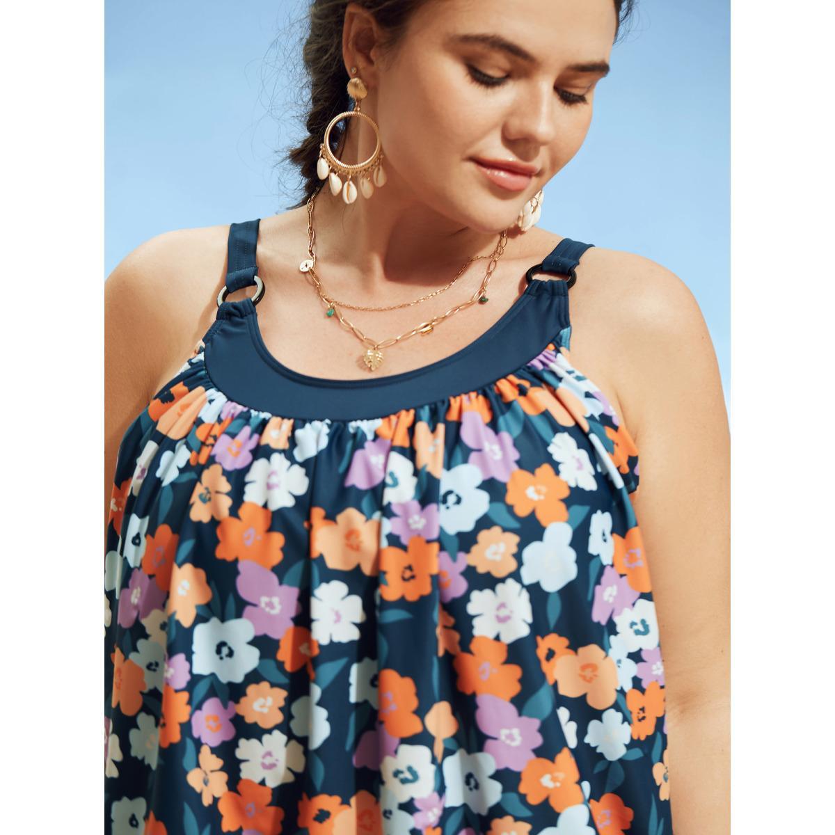 Plus Size Floral Patchwork Round Buckle Detail Swim Top Women's Swimwear Indigo Beach Contrast High stretch Bodycon Heart neckline Curve Swim Tops BloomChic 18-20/2X Product Image
