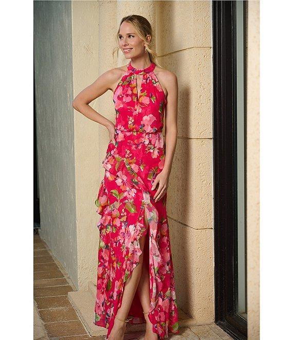 Adrianna Papell Petite Size Halter Neck Floral Print Ruffled Dress Product Image