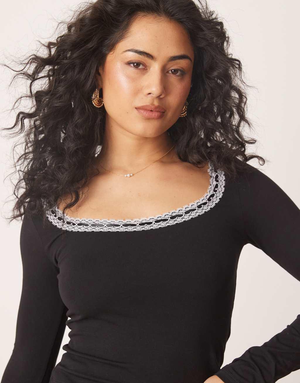 ASOS DESIGN sweetheart neckline top with trim detail in black Product Image