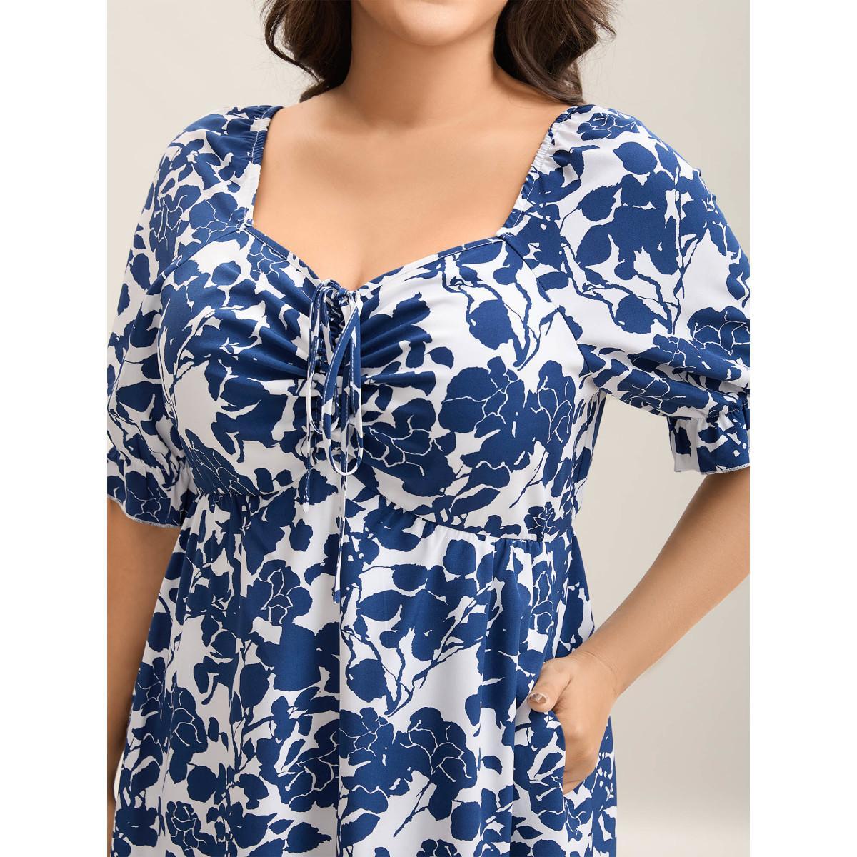 Plus Size Silhouette Floral Print Tie Front Midi Dress DarkBlue Women Elegant Drawstring Heart neckline Half Sleeve Curvy BloomChic 18-20/2X Product Image