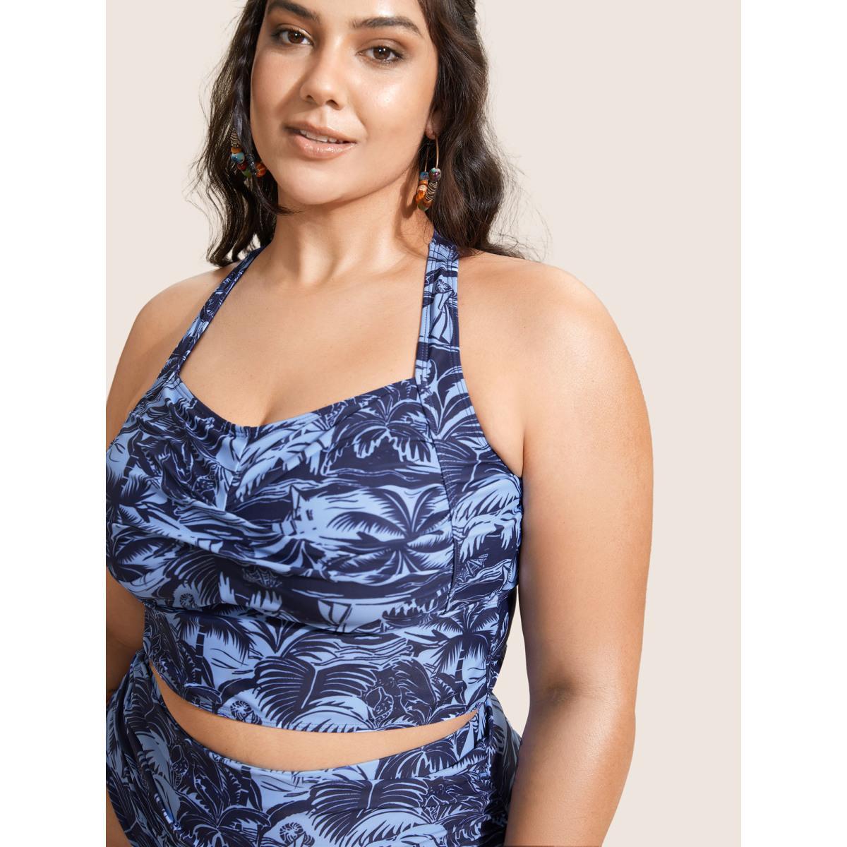 Plus Size Heart Neckline Tropical Print Crossover Swim Top Women's Swimwear Indigo Beach Twist High stretch Bodycon Heart neckline Curve Swim Tops BloomChic 30/6X Product Image