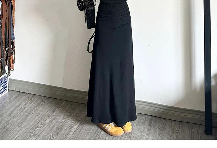 Long-Sleeve Henley Plain Maxi A-Line Dress Product Image