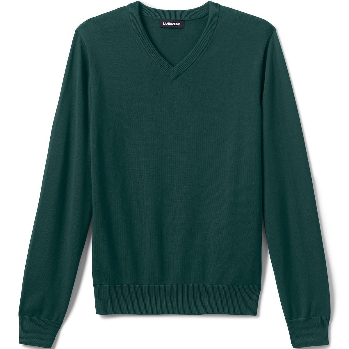 Mens Lands End School Uniform Fine Gauge V-neck Sweater Green Product Image