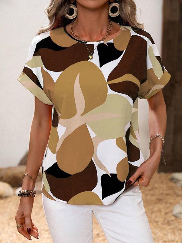 Loose Short Sleeves Contrast Color Hollow Printed Split-Joint Round-neck T-Shirts Tops Product Image