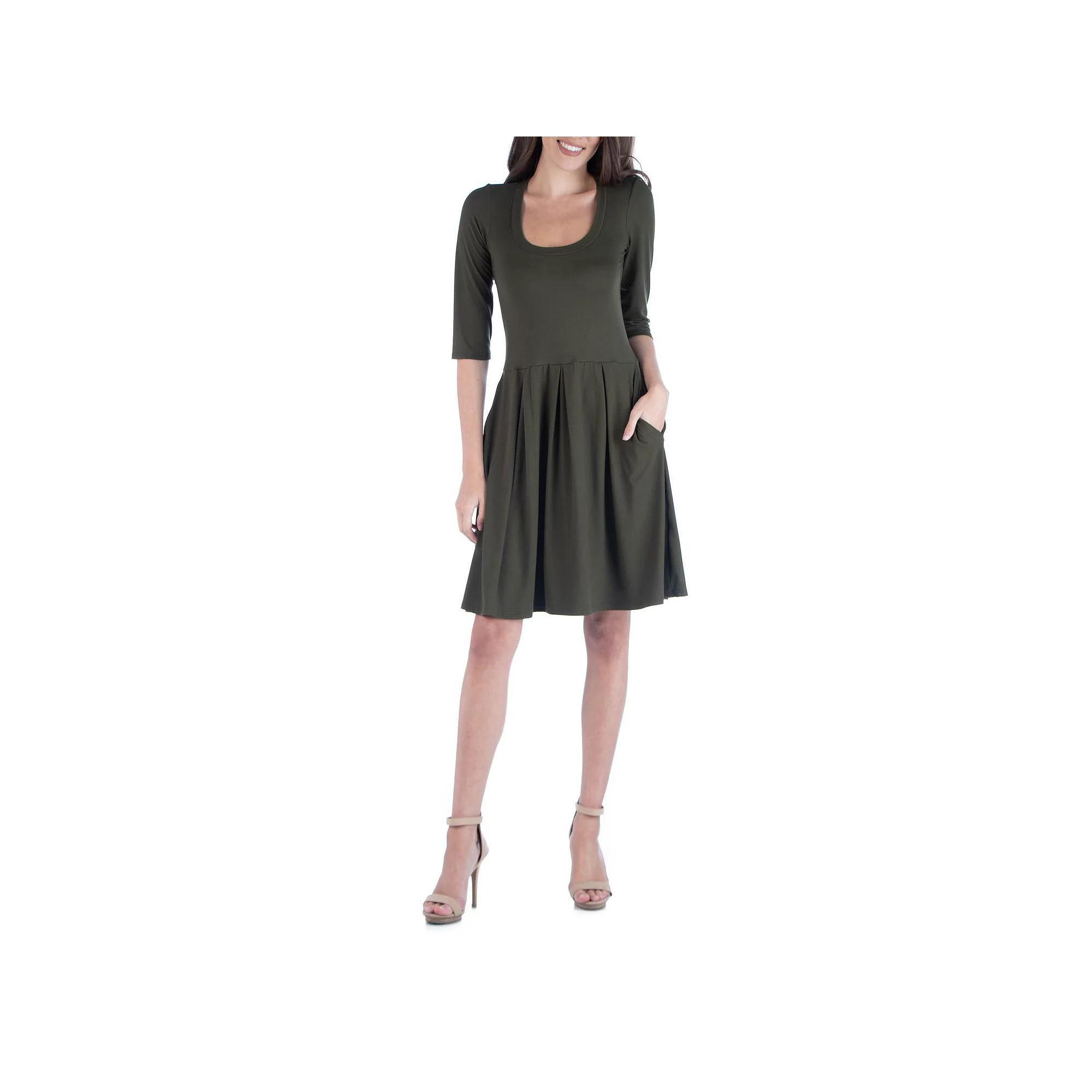 Women's 24Seven Comfort Apparel Three-Quarter Sleeve Fit And Flare Mini Dress, Size: Large, Green Product Image