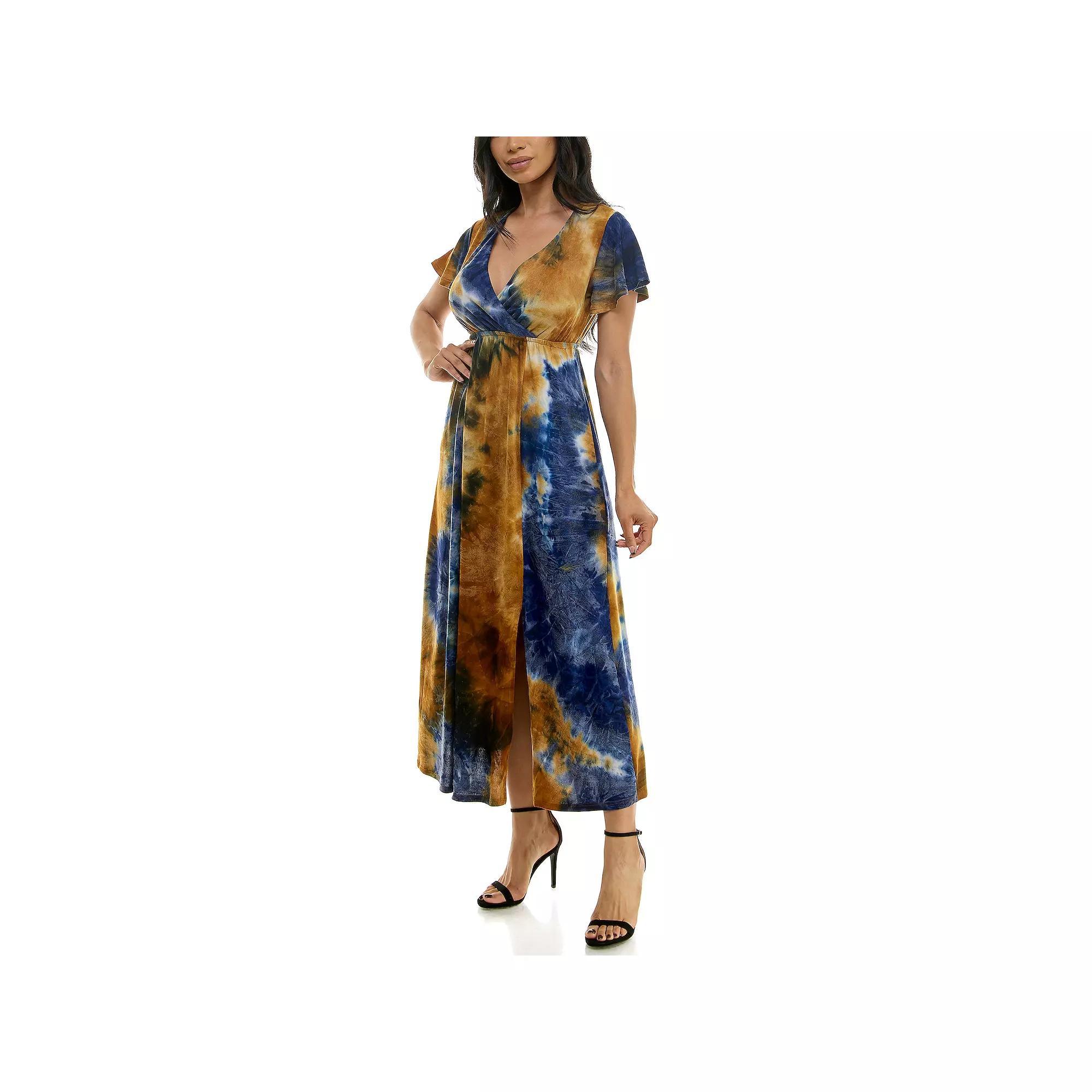 Women's Nina Leonard Tie Dye Print Flutter Sleeve V-Neck Maxi Dress, Size: Large, Blue Team Product Image