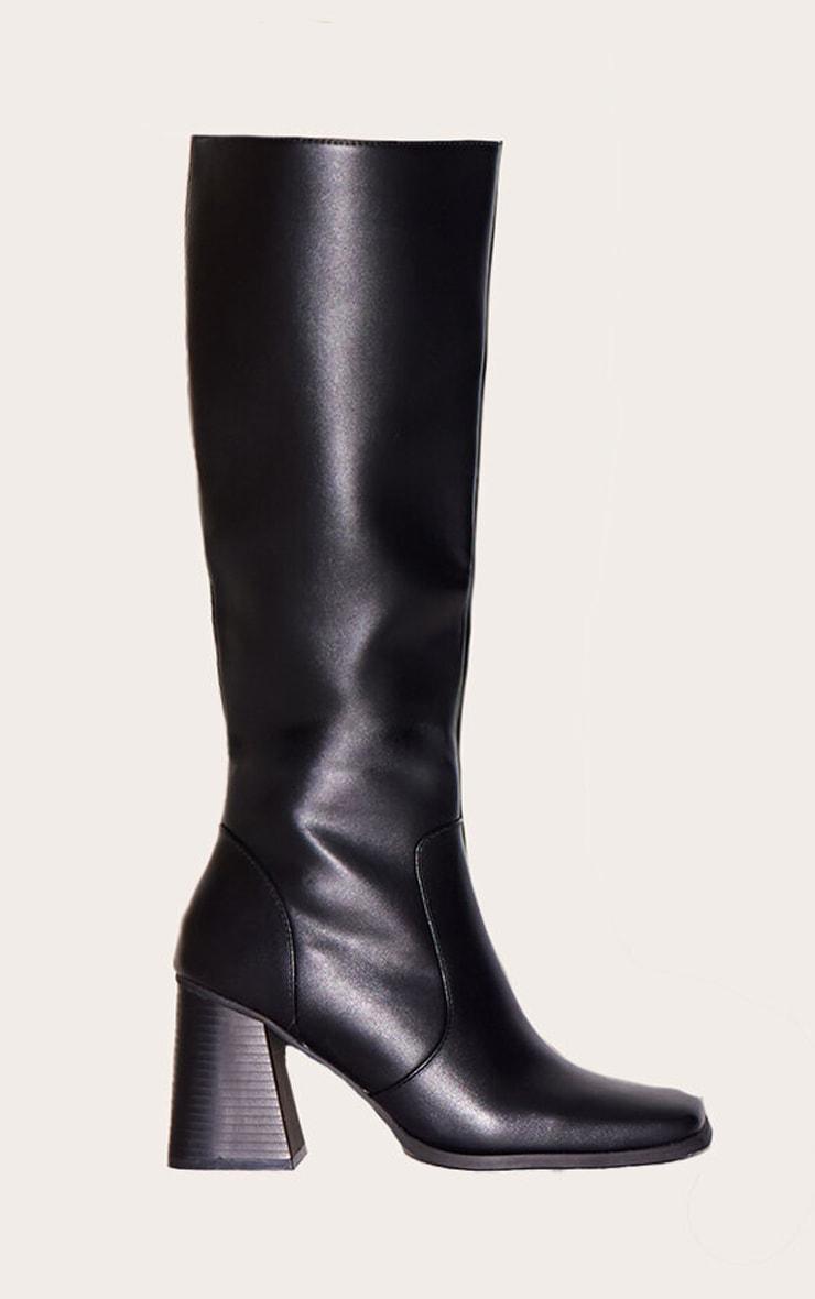 Black Pu Square Toe Block Heel Knee High Boots Product Image