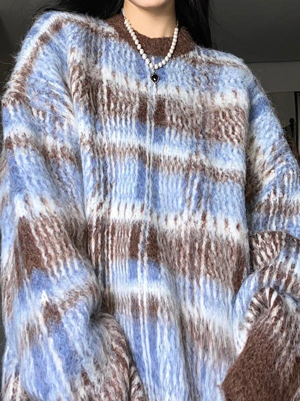 Contrast Color Plaid Crew Neck Sweater Product Image