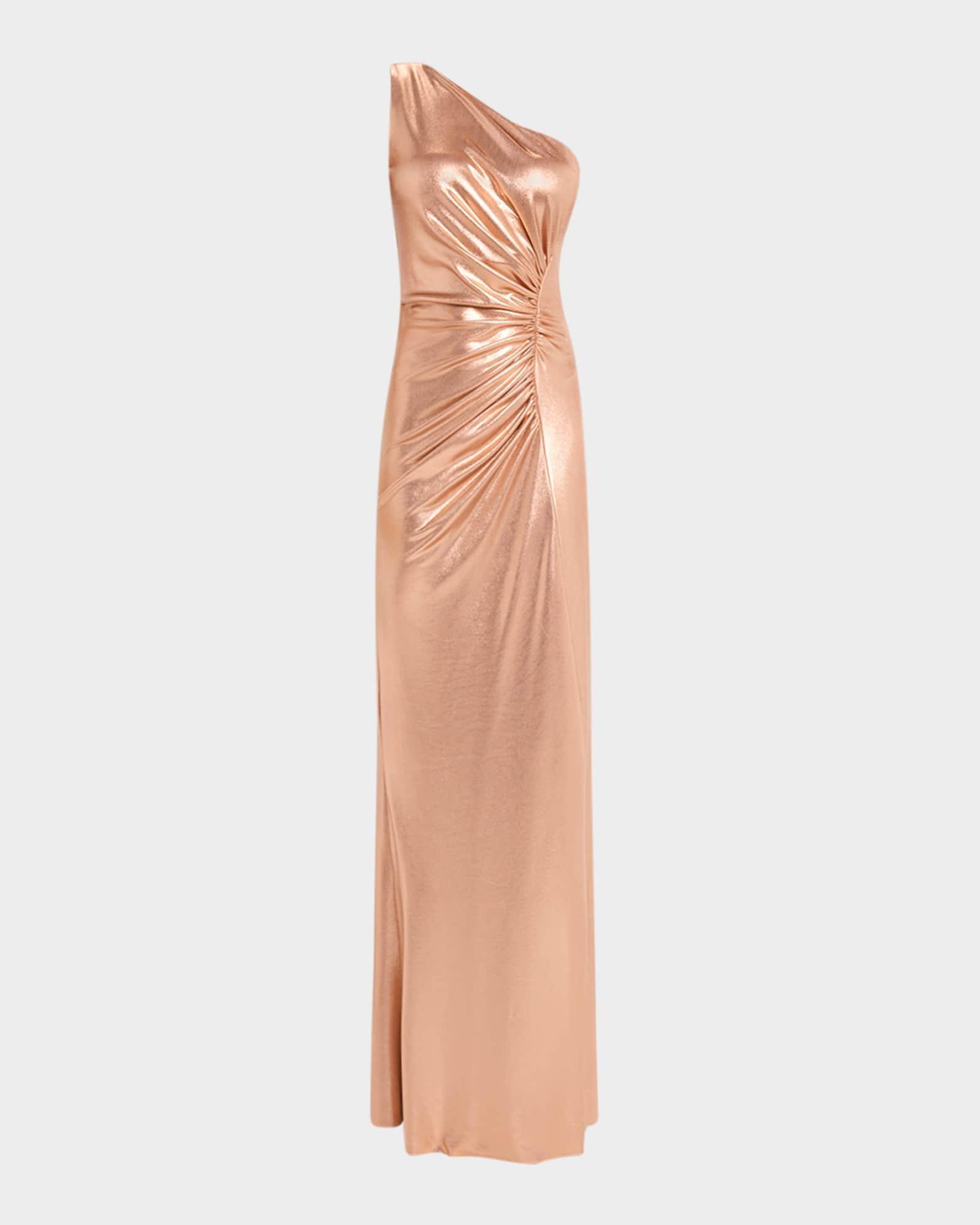 One-Shoulder Ruched Metallic Gown Product Image
