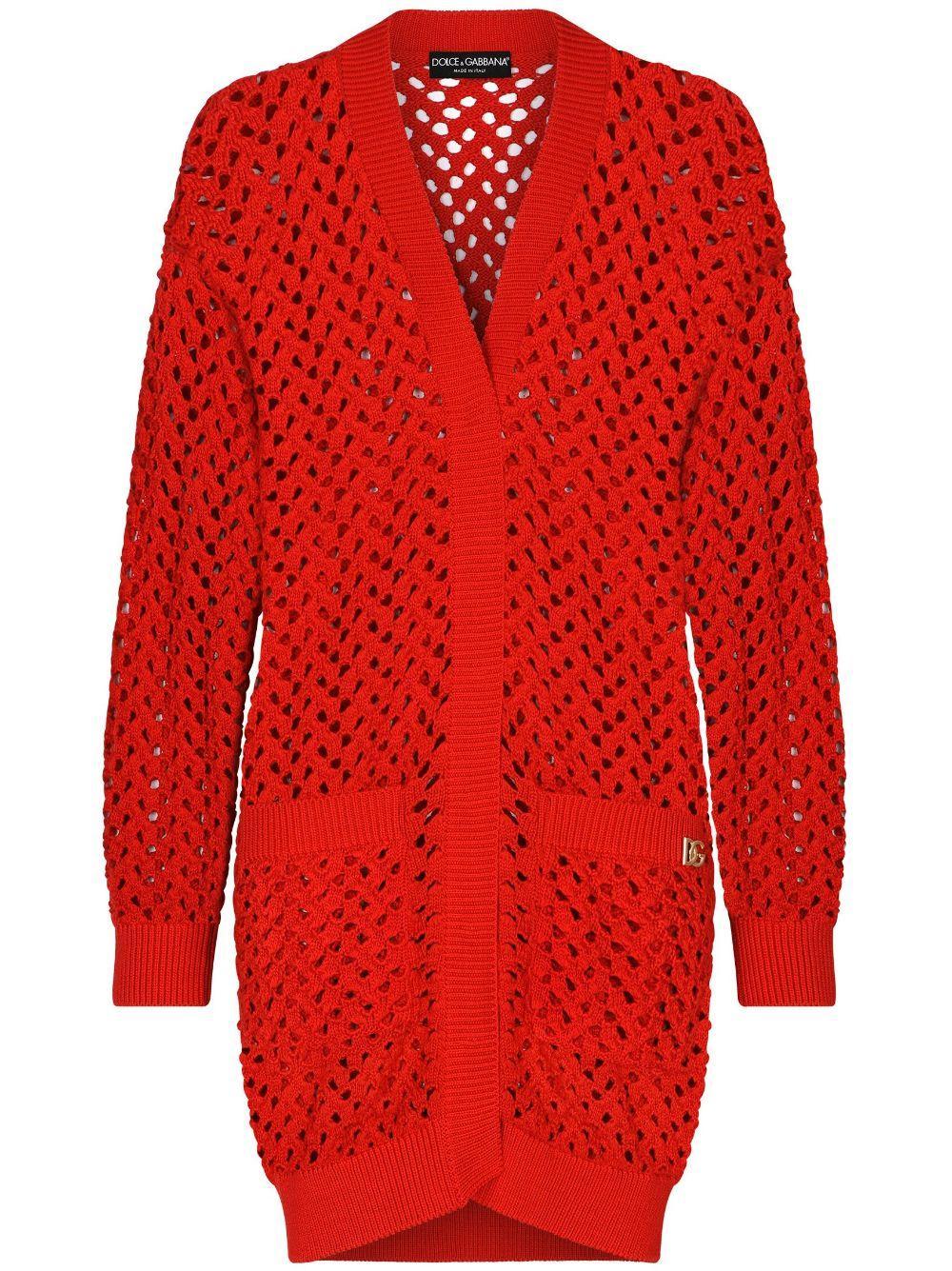 Open-knit Cotton Cardigan In Red Product Image