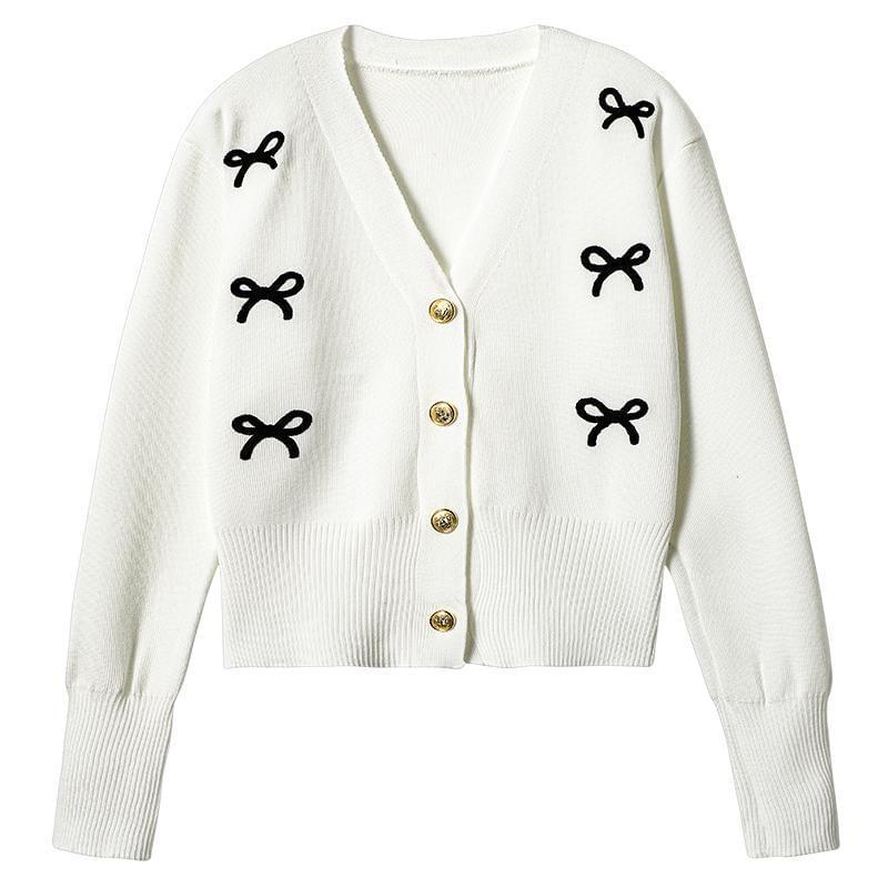 V-Neck Bow Jacquard Button-Up Cardigan Product Image