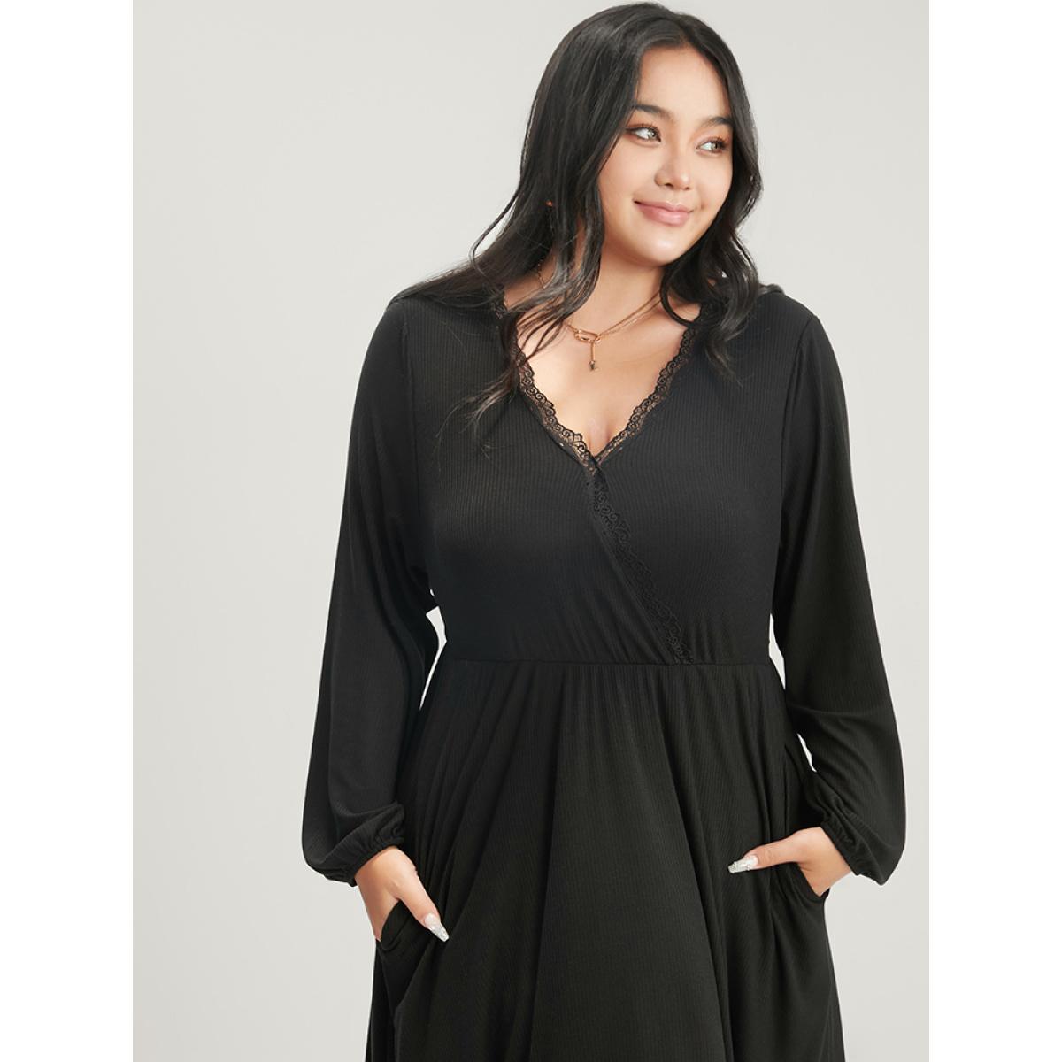 Plus Size Solid Lantern Sleeve Pocket Lace Trim Wrap Dress Black Women Elegant Lace V-neck Long Sleeve Curvy Midi Dress BloomChic 10/M Product Image
