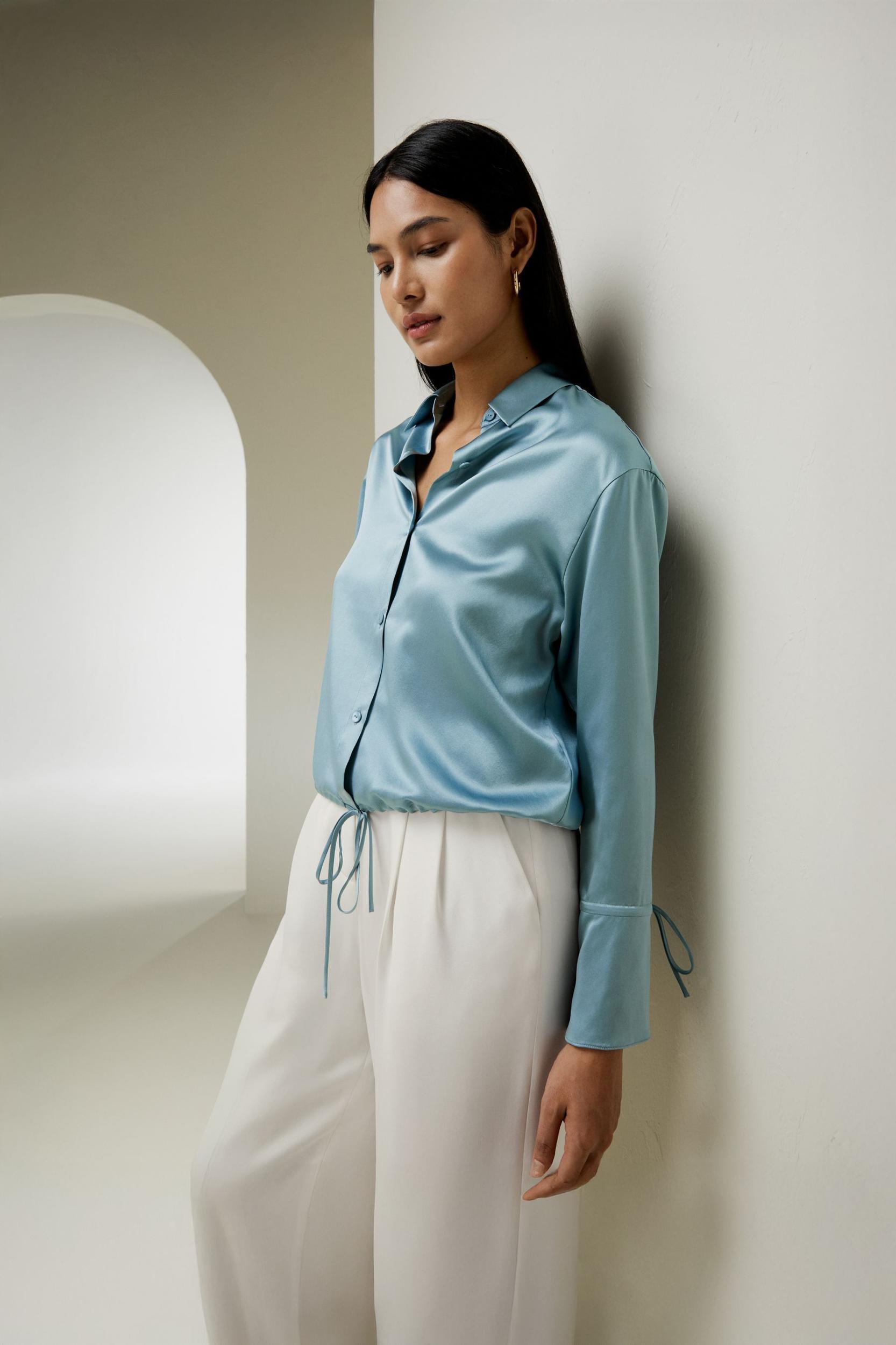 LILYSILK Womens Button Up Shirt Silk - Taupe Natural Silk - Fashionable Drawstring Shirt XL Product Image