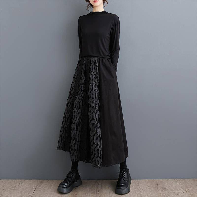 Elastic Waist Plain Paneled Midi A-Line Skirt Product Image