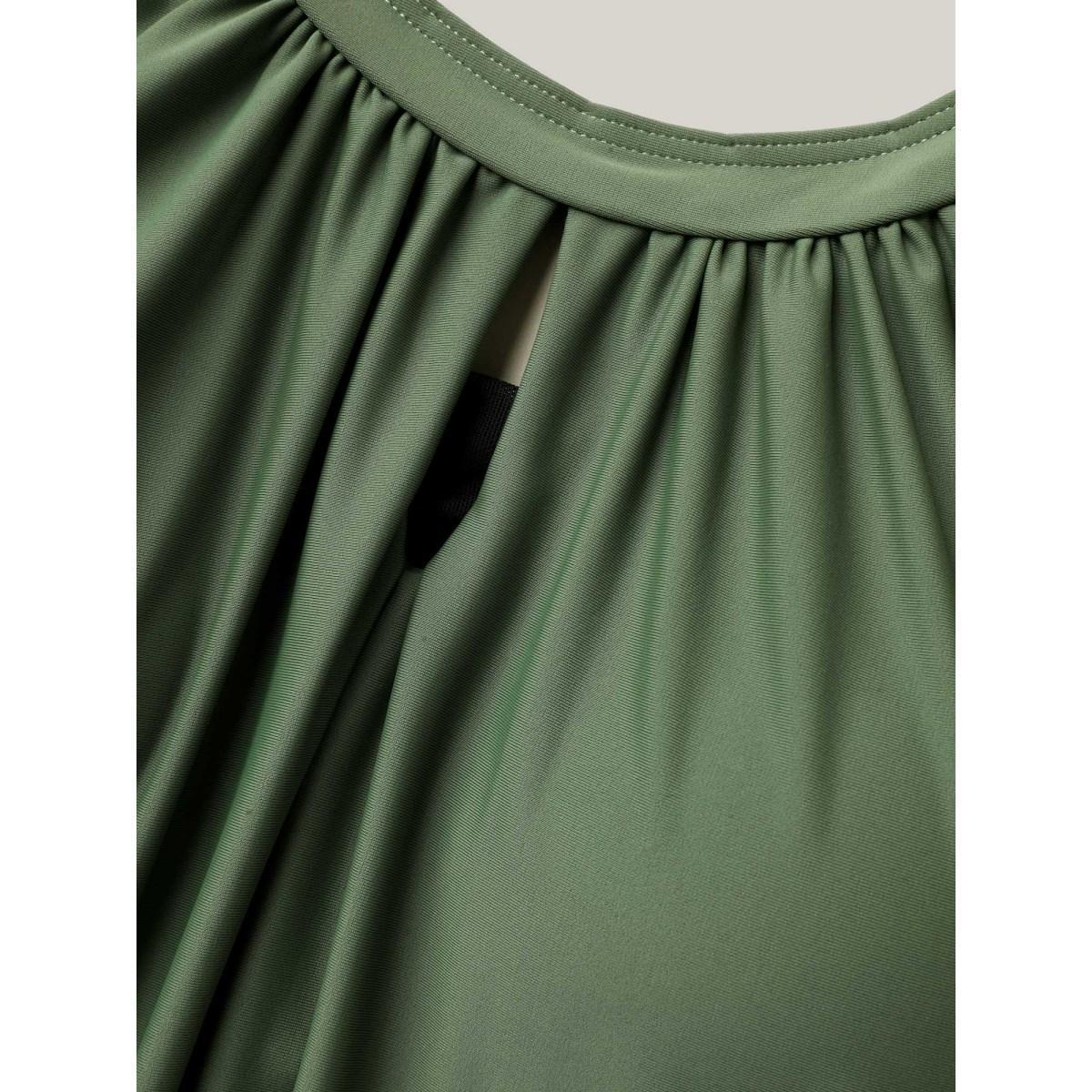 Plus Size Pleated Non-Removable Cups Swim Top Women's Swimwear ArmyGreen Beach Gathered High stretch Bodycon U-neck Curve Swim Tops BloomChic 14-16/1X Product Image