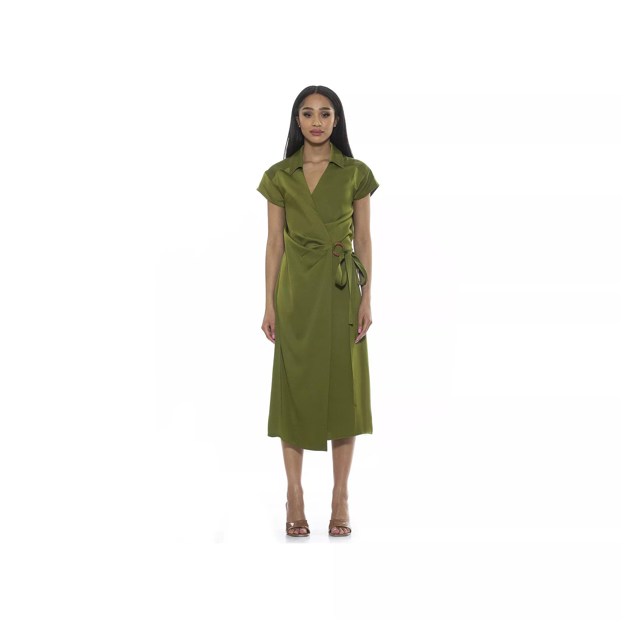 Women's ALEXIA ADMOR Paris Surplice Wrap Midi Dress With Waist Tie, Size: 8, Green Product Image