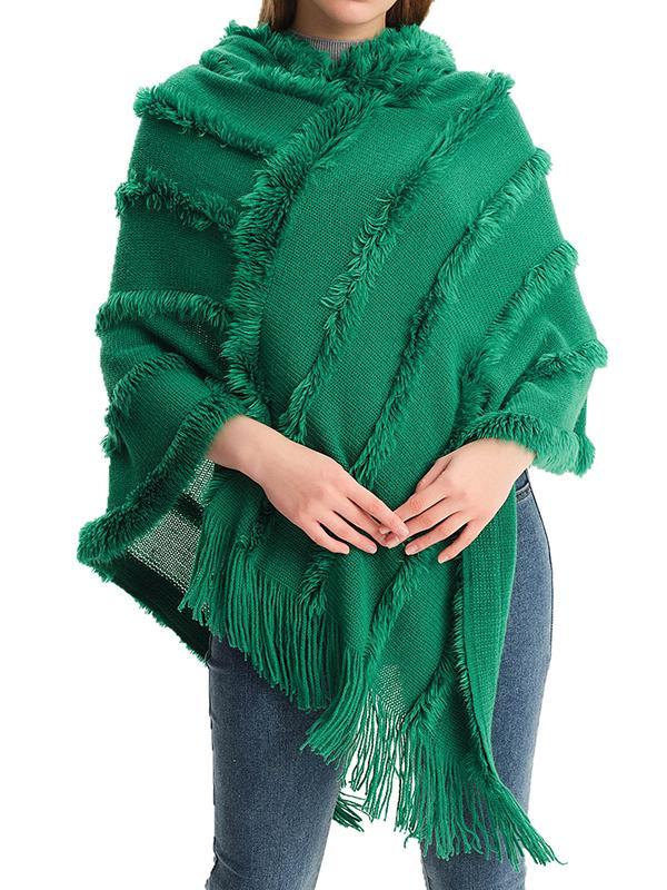 Hooded Keep Warm Solid Color Tasseled Cape Shawl&Cloak Product Image