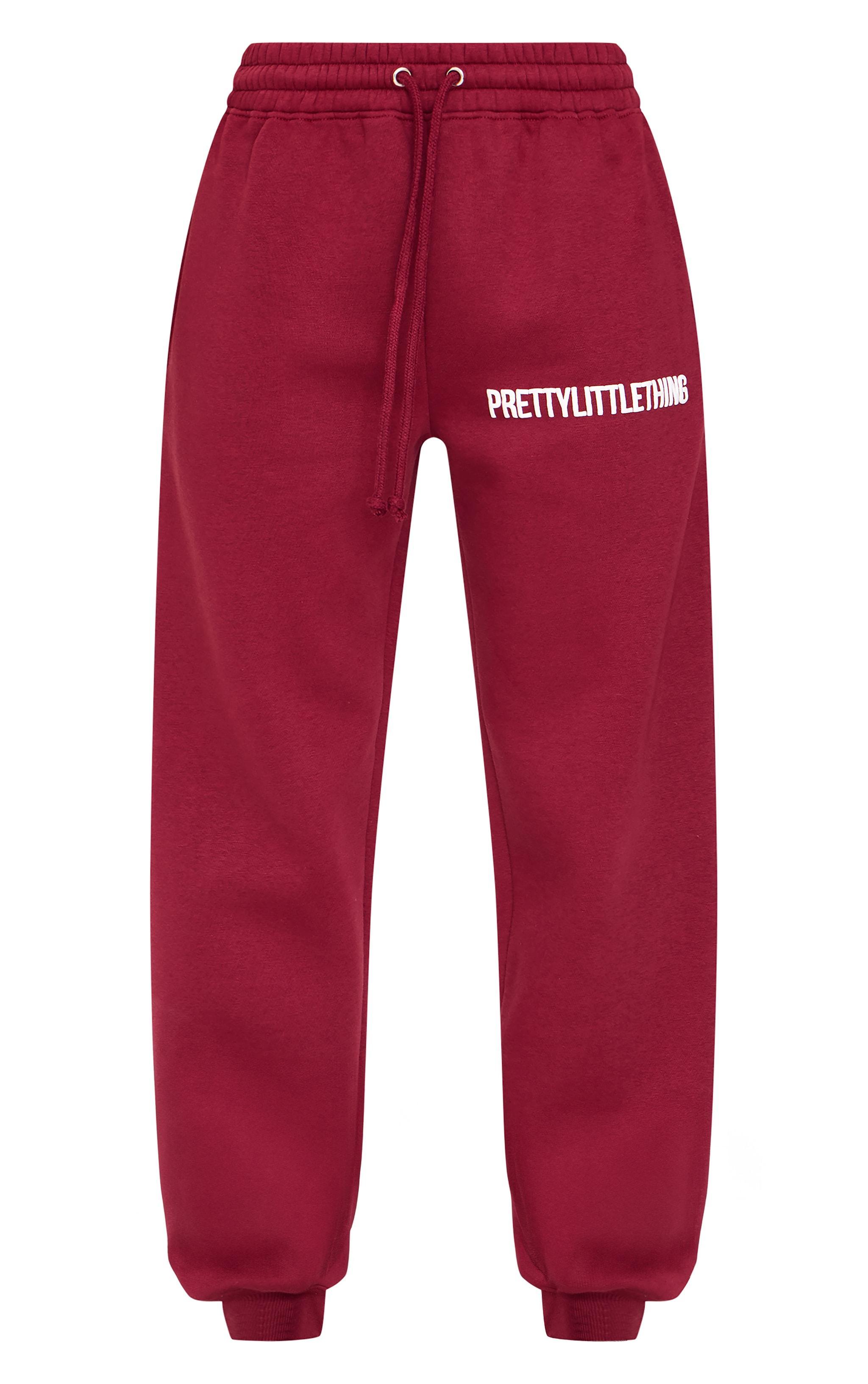 PRETTYLITTLETHING Burgundy Puff Print High Waist Cuffed Sweatpants Product Image