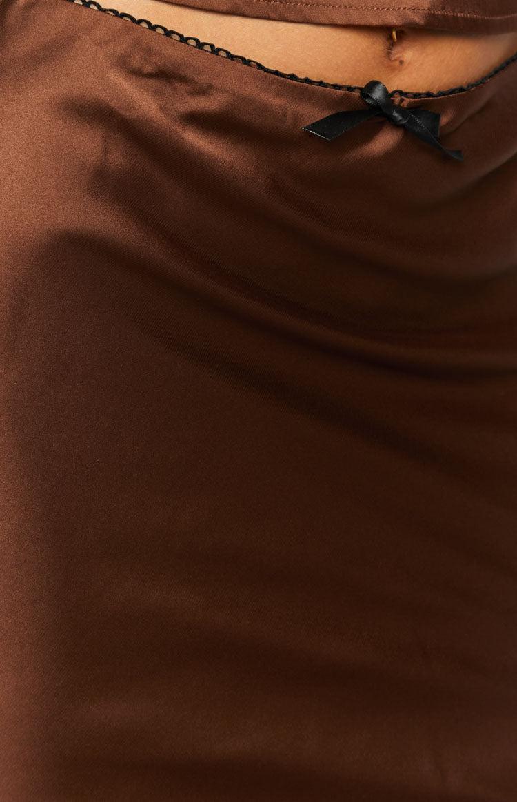 Khloe Brown Satin Midi Skirt Product Image