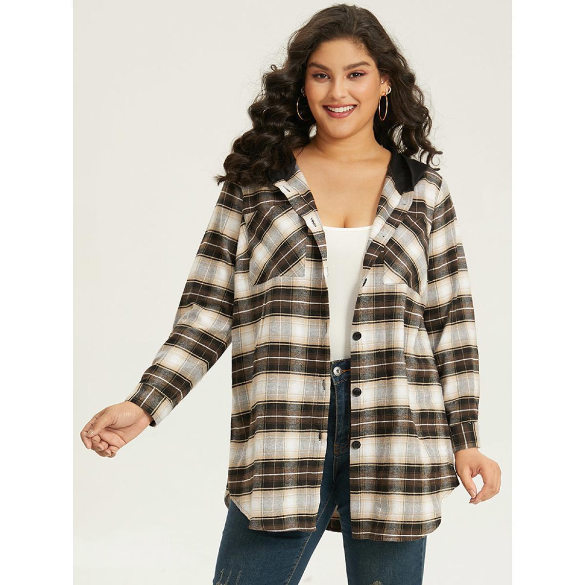 Plus Size Plaid Button Up Hooded Patchwork Shacket Women DarkBrown Contrast Pocket Everyday Jackets BloomChic 14-16/1X Product Image