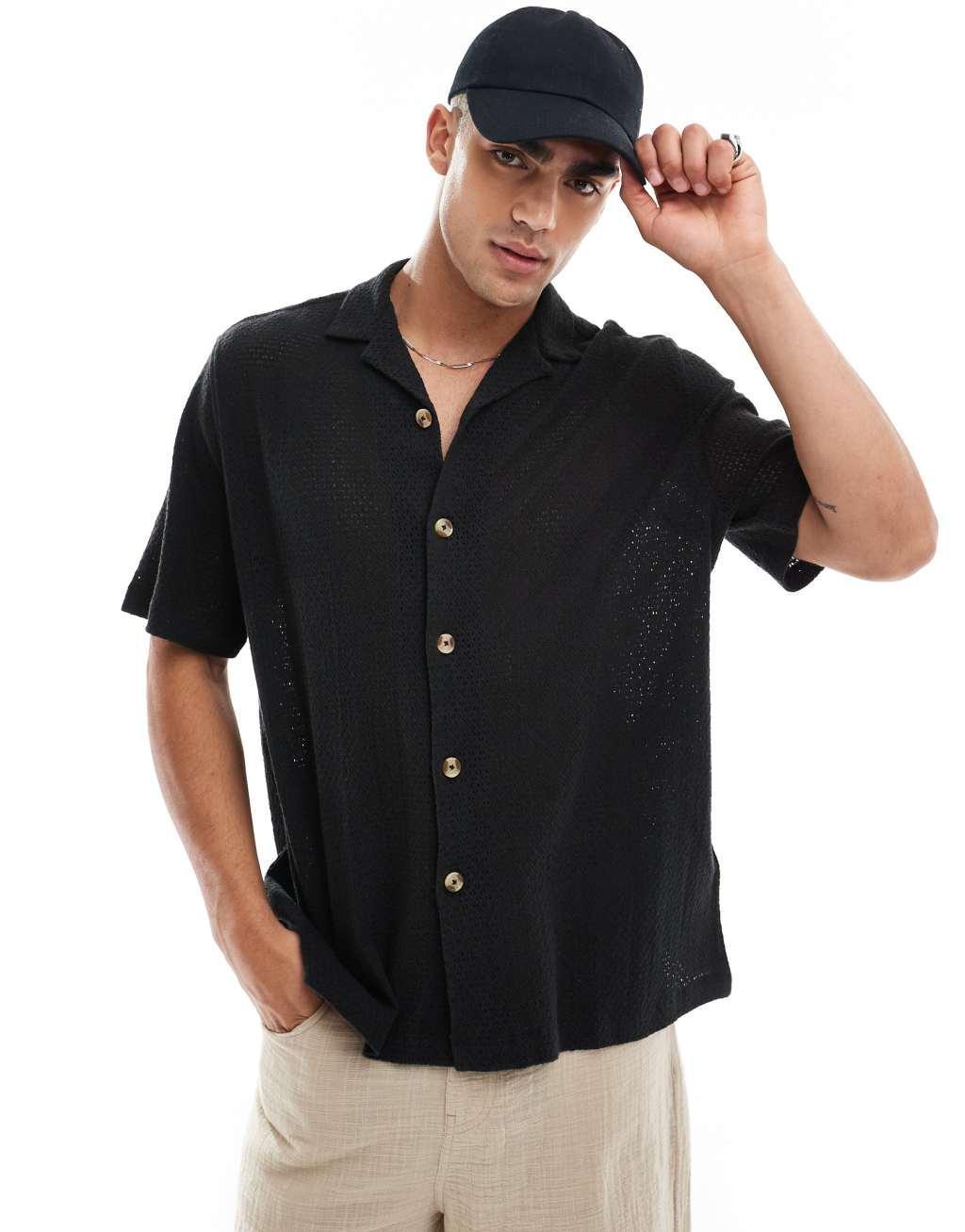 ASOS DESIGN relaxed revere basketweave texture shirt in black Product Image