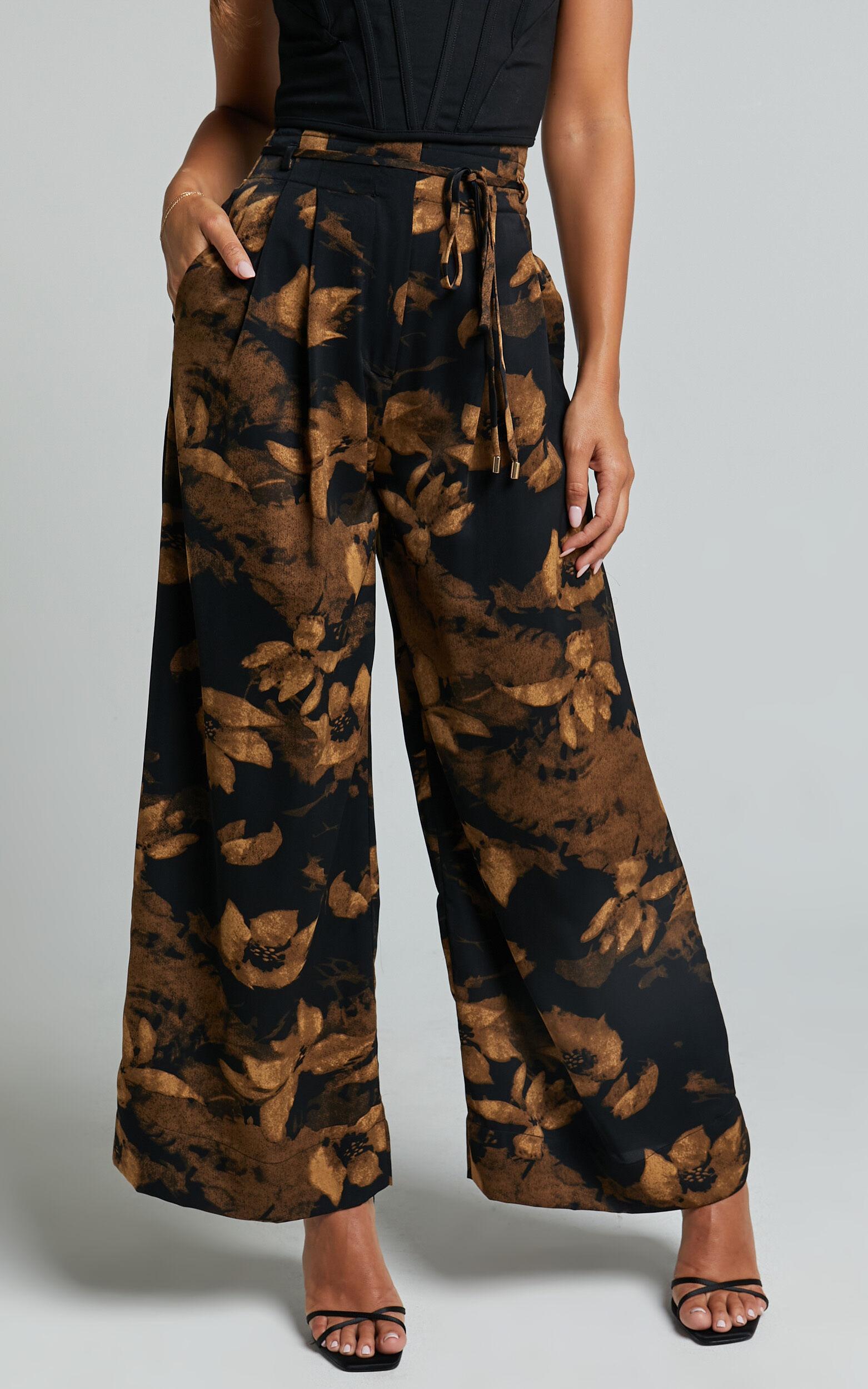 Etta Pants - High Waist Wide Leg Satin Pants in Amber Floral Print Product Image