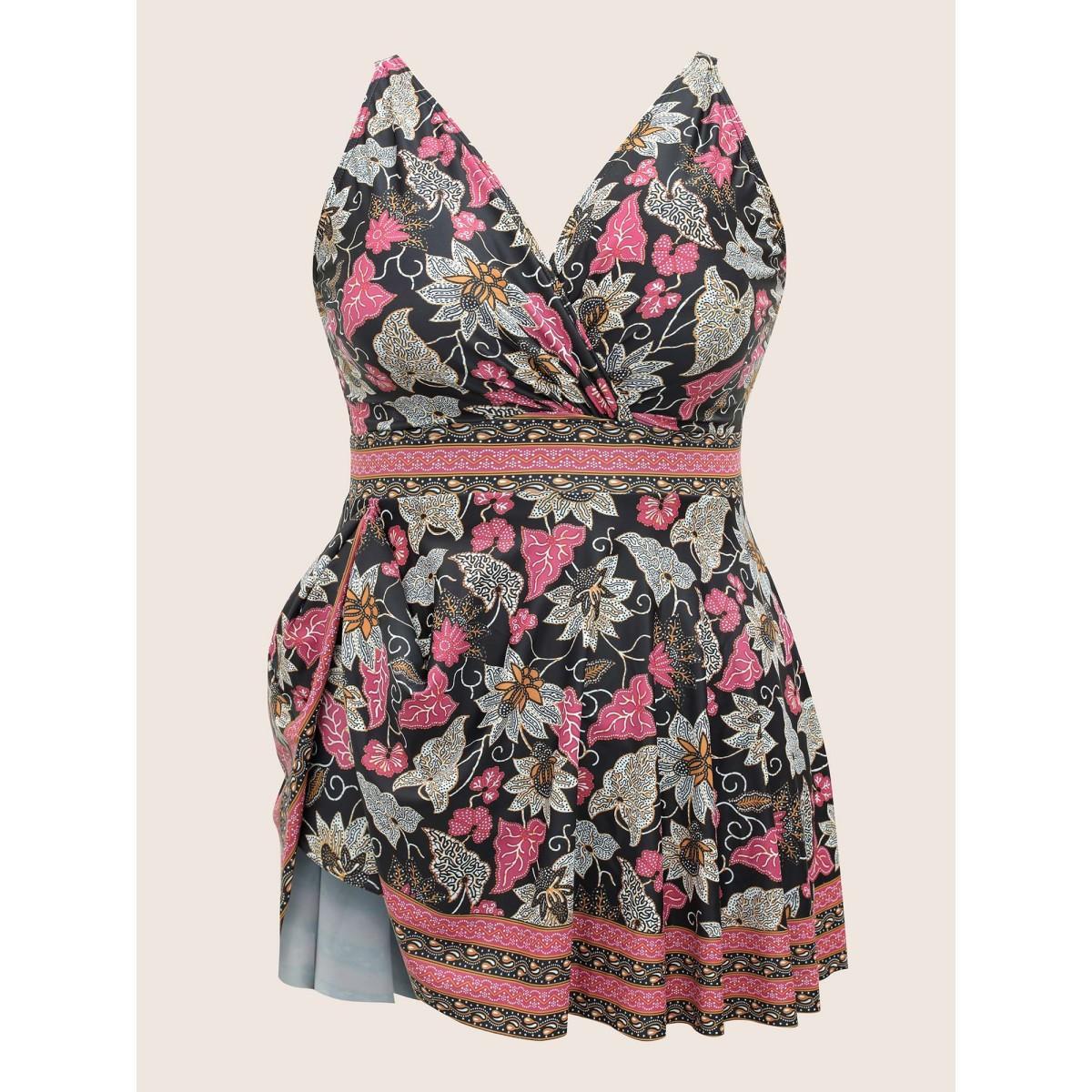 Plus Size Bandana Print Overlap Collar Swim Dress Women's Swimwear Black Beach Bodycon V-neck High stretch Curve Swim Dresses BloomChic 10/M Product Image