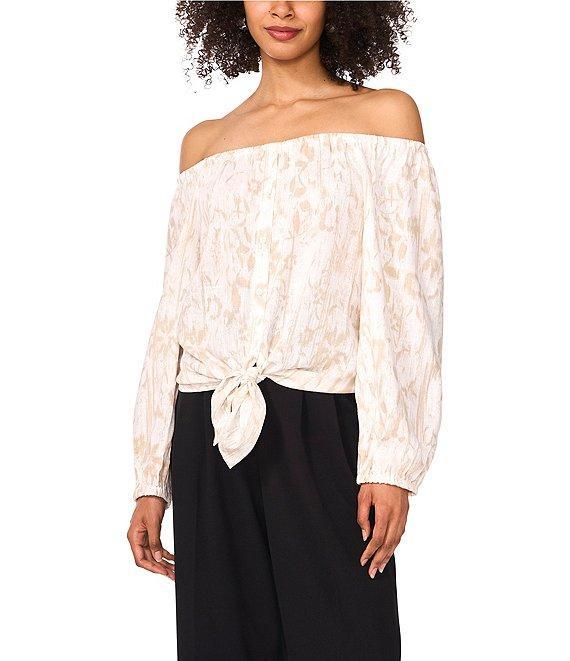 Vince Camuto Printed Off-The-Shoulder Long Sleeve Tie Front Blouse Product Image