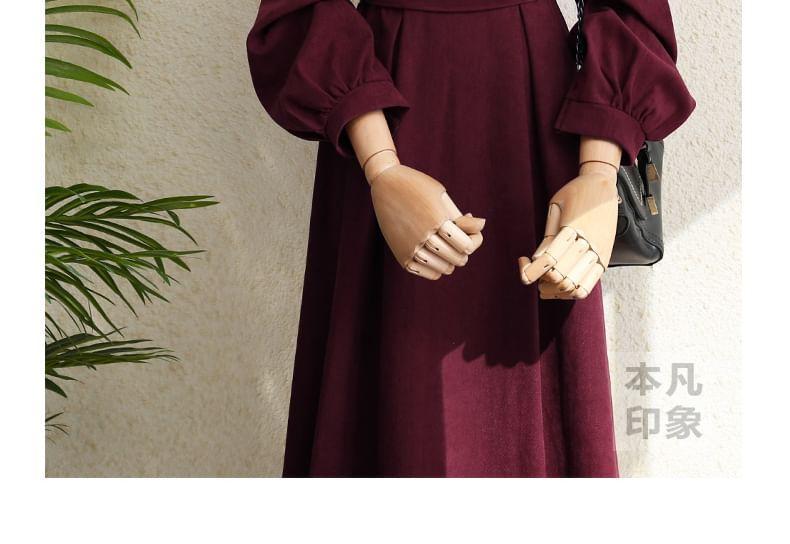 Long Sleeve Square Neck Plain Tie-Waist Midi A-Line Dress Product Image