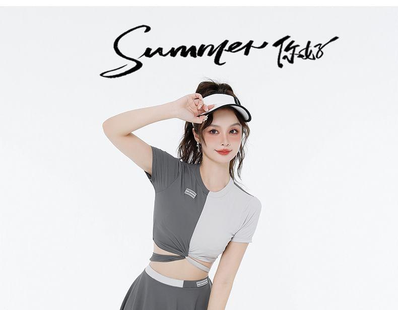 Set: Short-Sleeve Two Tone Knot Crop Swim Top + Skirt + Bikini Bottom Product Image