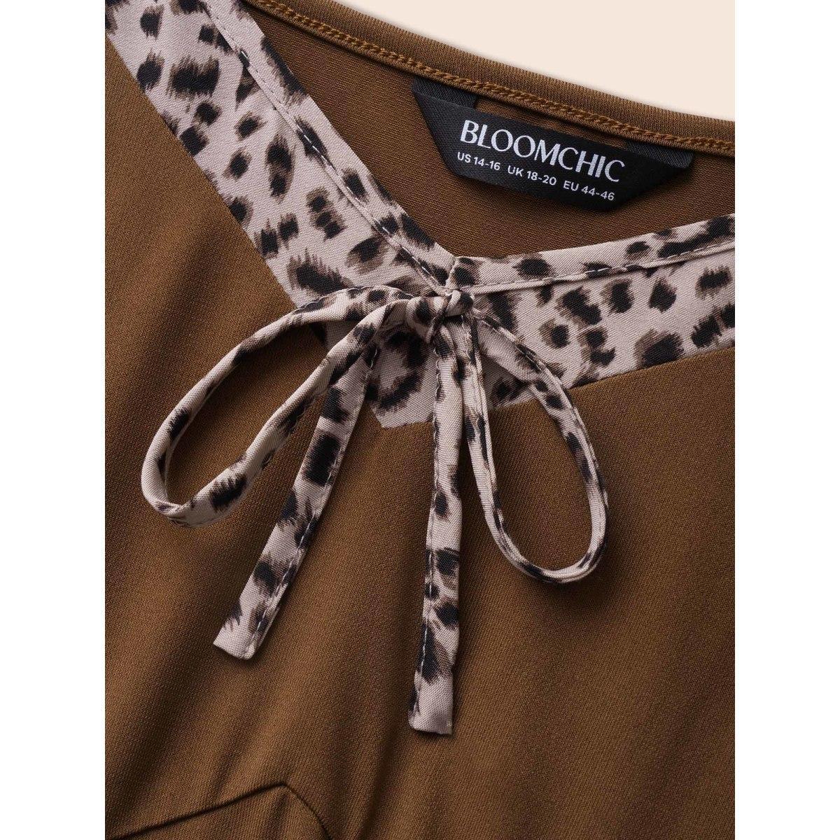 Plus Size Leopard Print Patchwork Ties Cami Dress Browncoffeecolor Women Elegant Tie knot V-neck Sleeveless Curvy BloomChic 14-16/1X Product Image