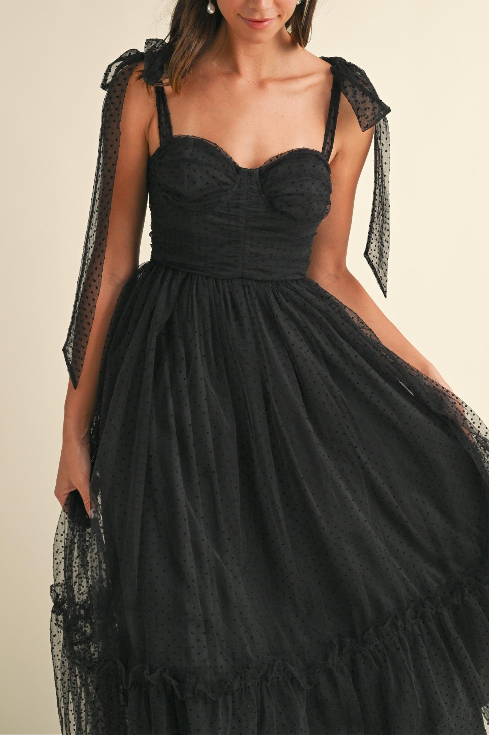 Polka Dot Mesh Tie Shoulder Midi Dress Product Image