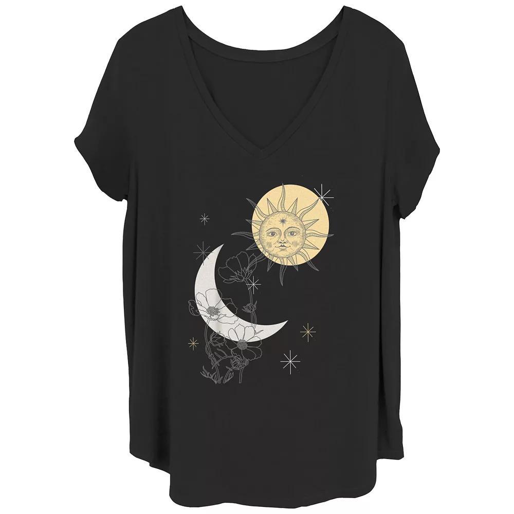 Juniors' Plus Moon And Sun Flowers And Stars V-Neck Graphic Tee, Women's,  Product Image