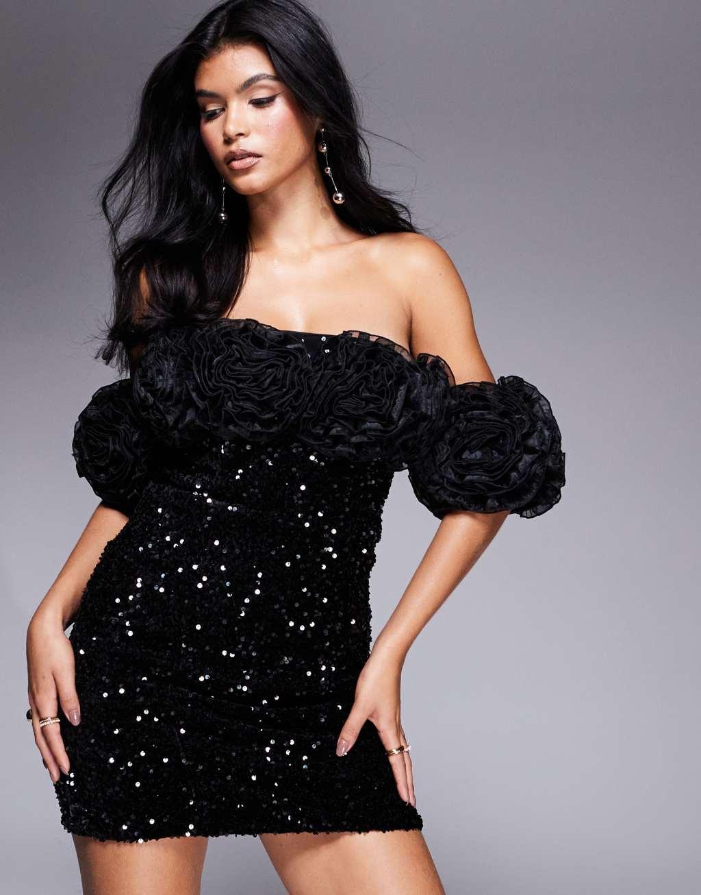 ASOS LUXE organza off shoulder corsage mini dress in black sequin Product Image