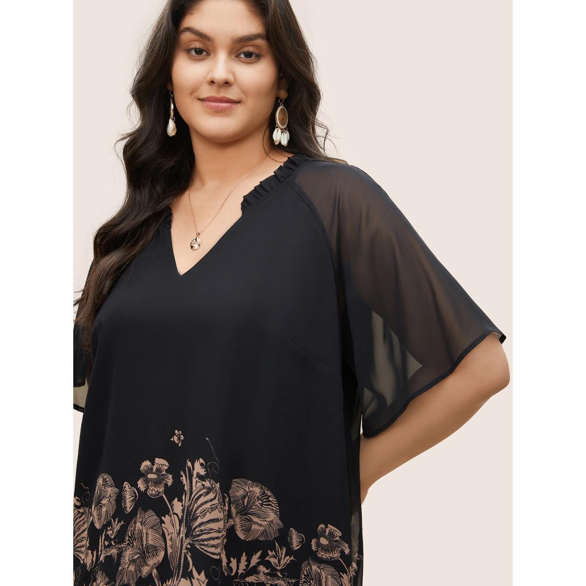 Plus Size Black Boho Print Patchwork Mesh Frill Trim Blouse Women Resort Half Sleeve Notched collar Vacation Blouses BloomChic 12/L Product Image