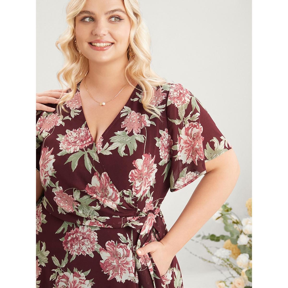 Plus Size Floral Print Belted Surplice Neck Flutter Pocket Maxi Dress Scarlet Women Elegant Wrap Overlap Collar Short sleeve Curvy Long Dress BloomChic 26/4X Product Image