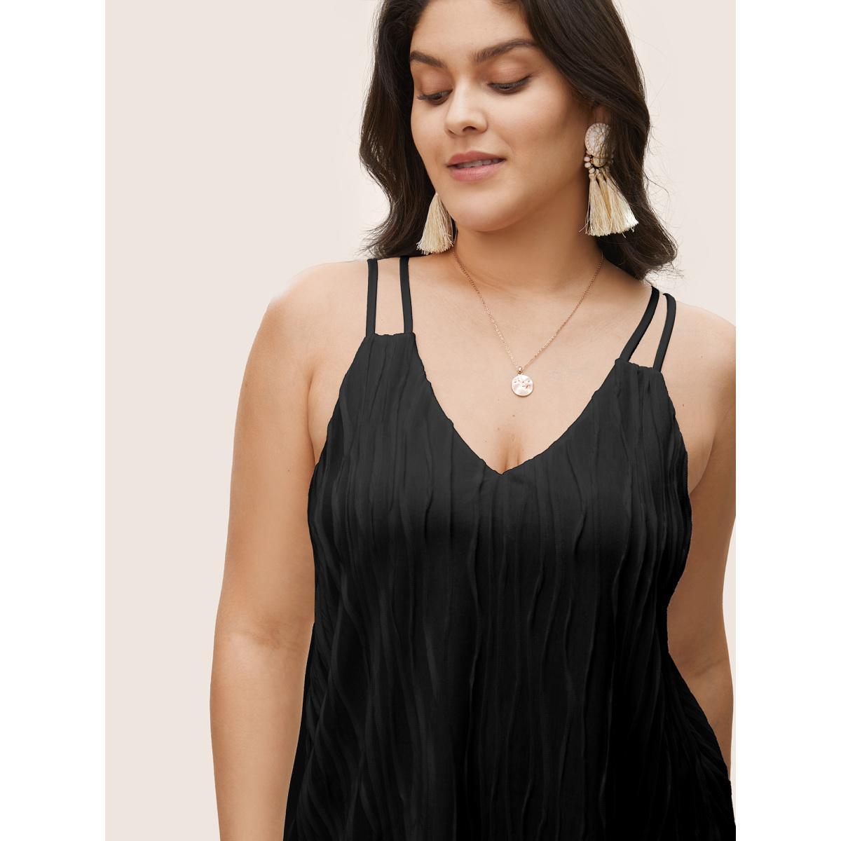 Plus Size Plain Plisse Deep V Neck Cami Top Women Black Elegant Non V-neck Everyday Tank Tops Camis BloomChic 22-24/3X Product Image
