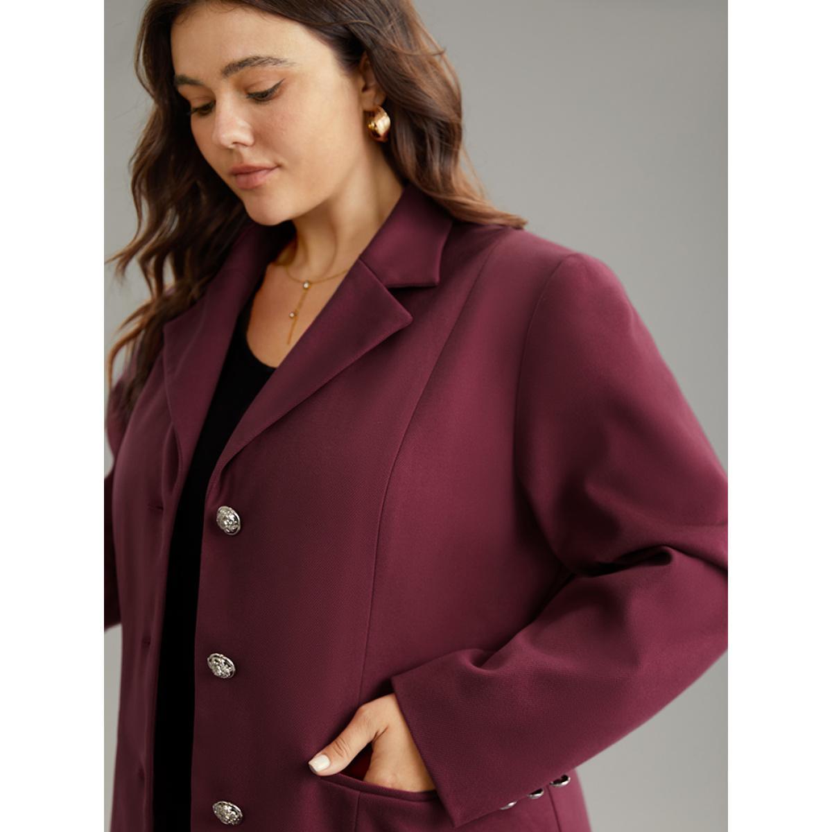 Plus Size Solid Button Fly Pocket Suit Collar Blazer Burgundy Women Office Plain Button Sleeve Long Sleeve Suit Collar 28/5X Pocket Elegant Blazers BloomChic Product Image