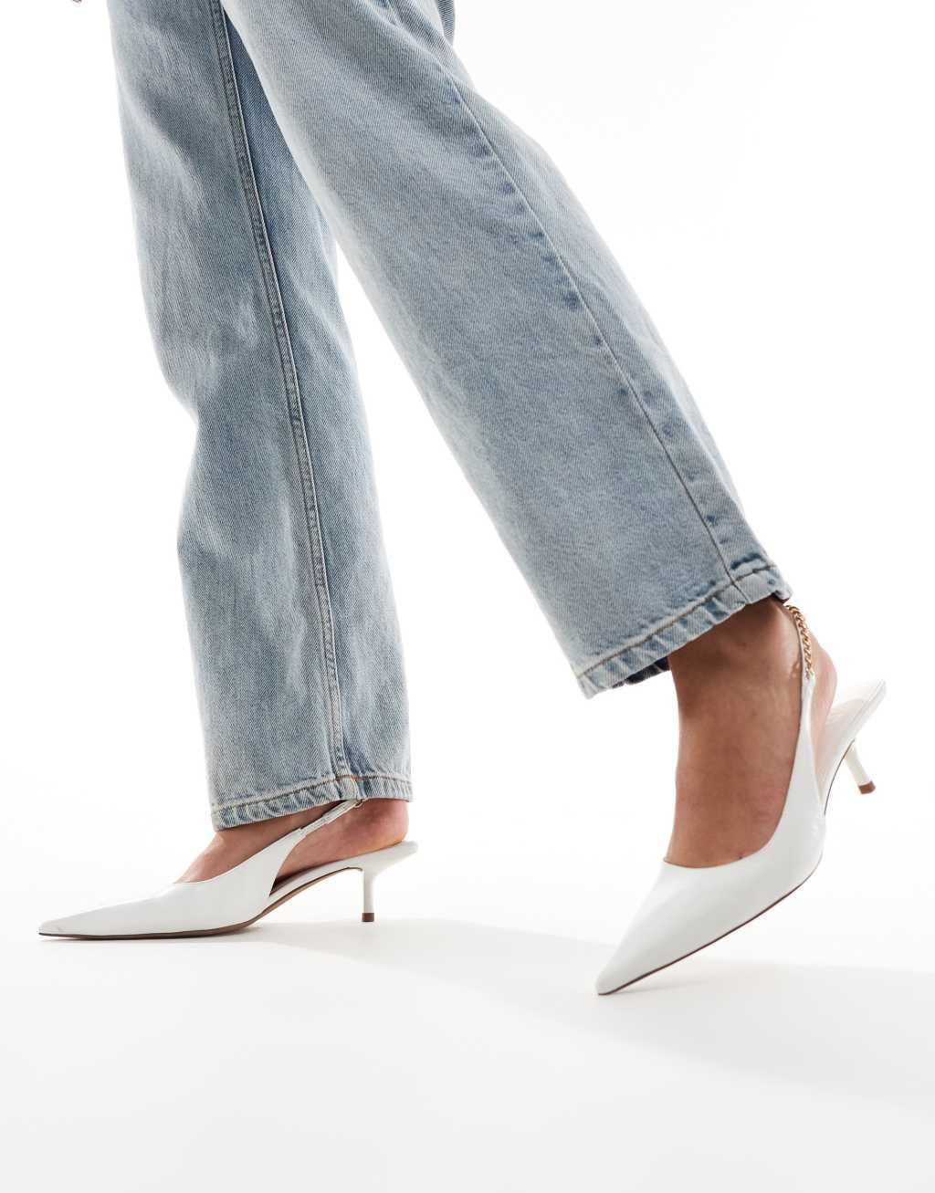 ASOS DESIGN Sharp slingback chain detail kitten heel shoes in white Product Image