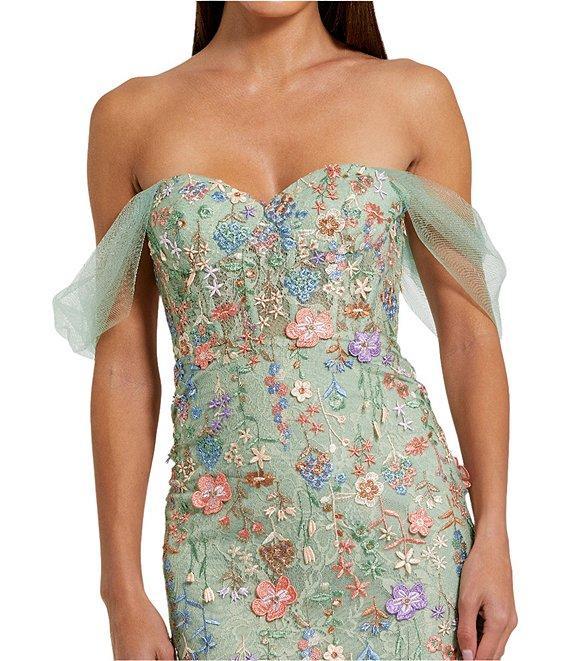 Mac Duggal Embroidered Floral Off-The-Shoulder Neck Draped Sleeve Gown Product Image