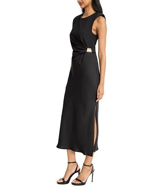 Donna Morgan Crew Neck Sleeveless Ruched Waist Sheath Midi Dress Product Image