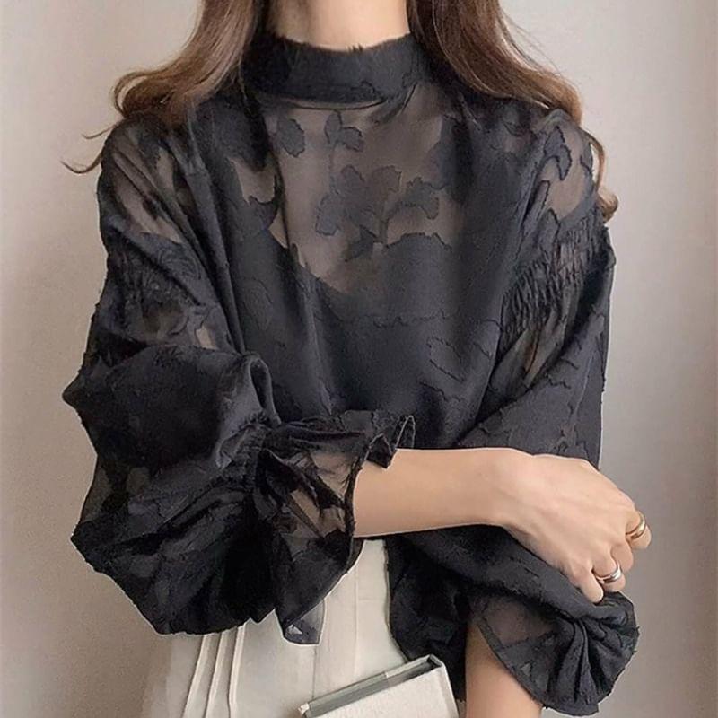 Balloon Sleeve Mock Neck Jacquard Blouse Product Image