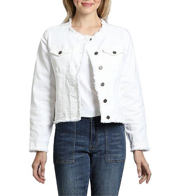 APNY Stretch Collarless Long Sleeve Denim Frayed Jacket Product Image