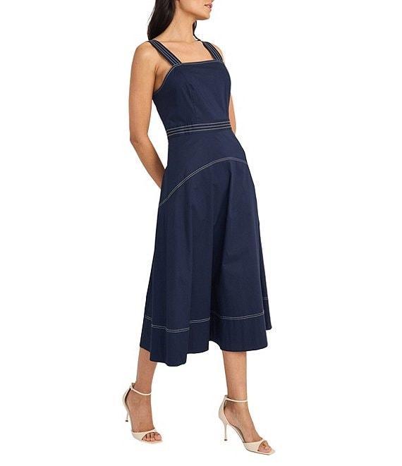 Maggy London Square Neck Sleeveless Topstitched Stretch Poplin A-Line Midi Dress Product Image