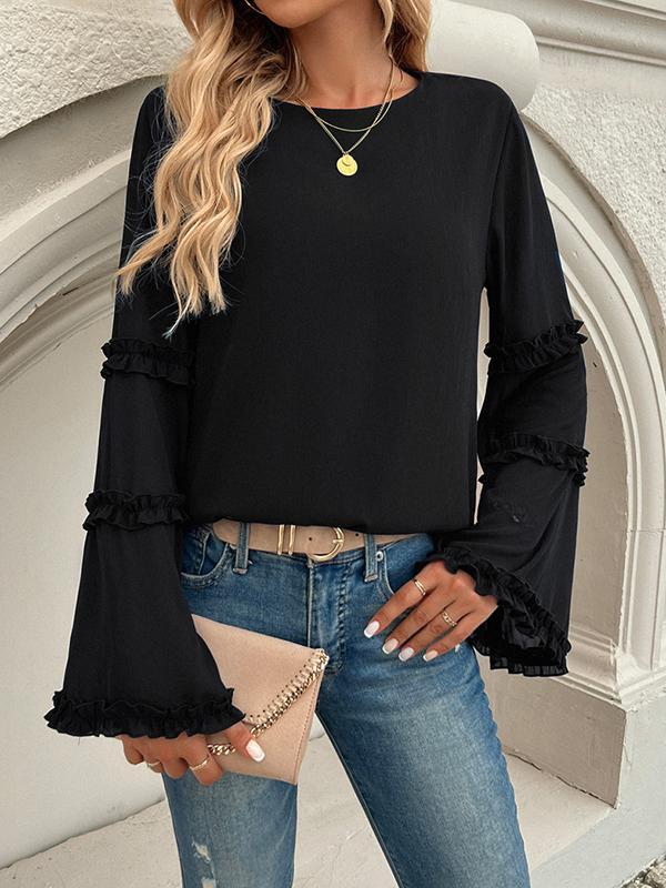 Flared Sleeves Long Sleeves Solid Color Split-Joint Round-Neck T-Shirts Tops Product Image