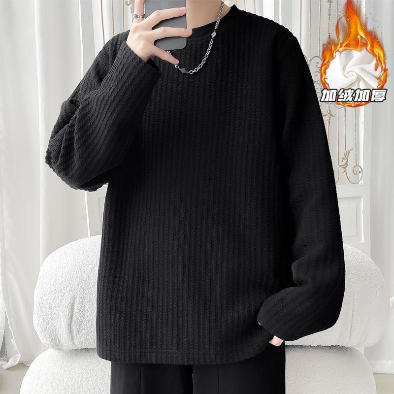 Long-Sleeve Round Neck Plain Fleece-Lined T-Shirt Product Image