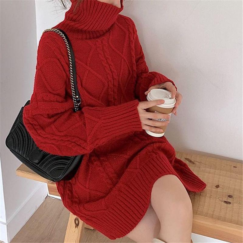 Long-Sleeve Turtleneck Plain Mini Sweater Dress Product Image