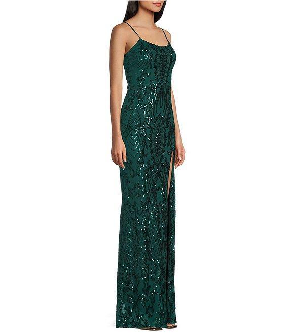 Midnight Doll Patterned Sequin Scoop Neck Spaghetti Strap Side Slit Long Dress Product Image