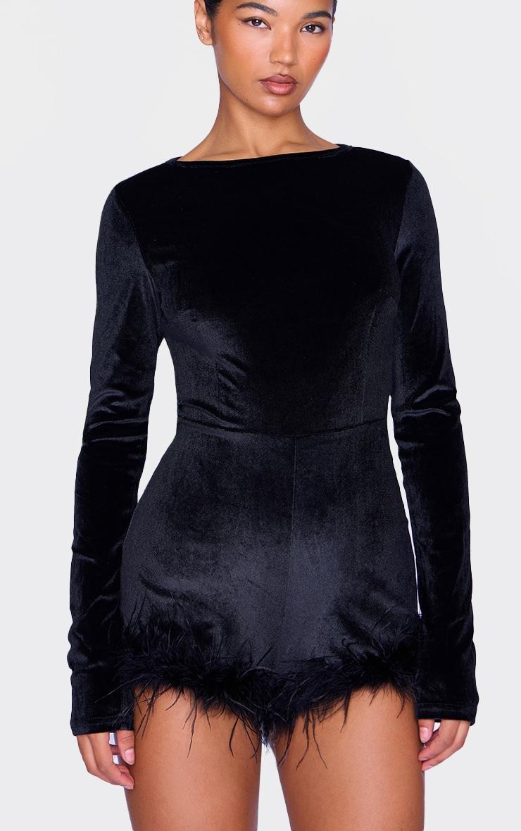 Black Velvet Long Sleeve Feather Trim Romper Product Image